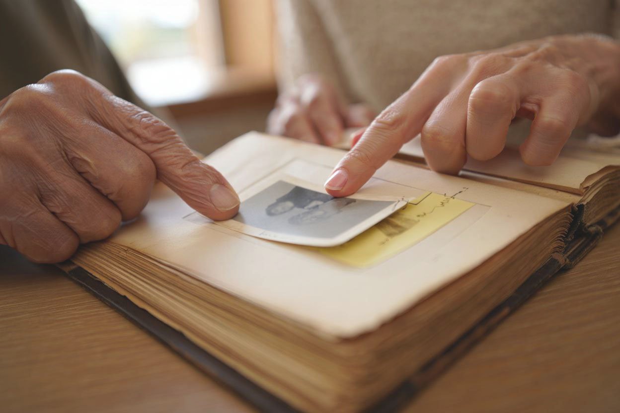Лечение болезни Альцгеймера Человеку с Альцгеймером показывают фотографии